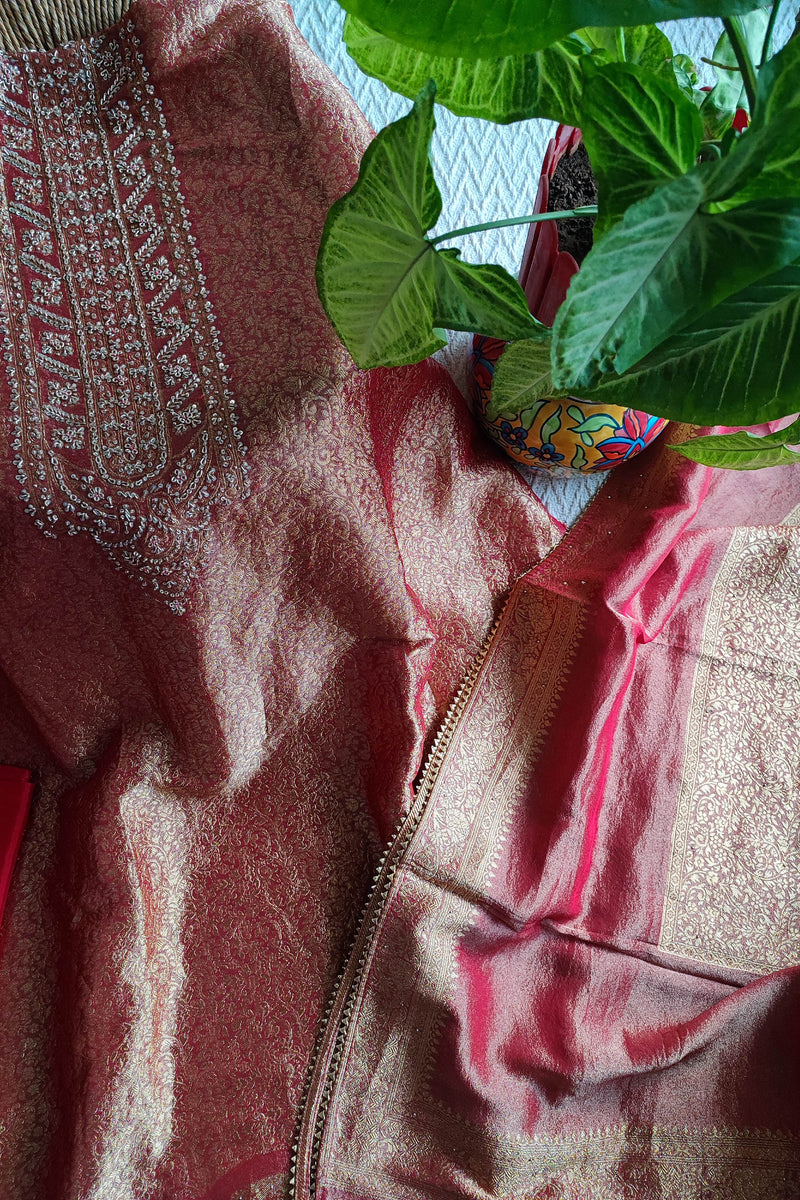 Wine Banarasi Brocade Party Wear Suit Material with Fine Dabka Work