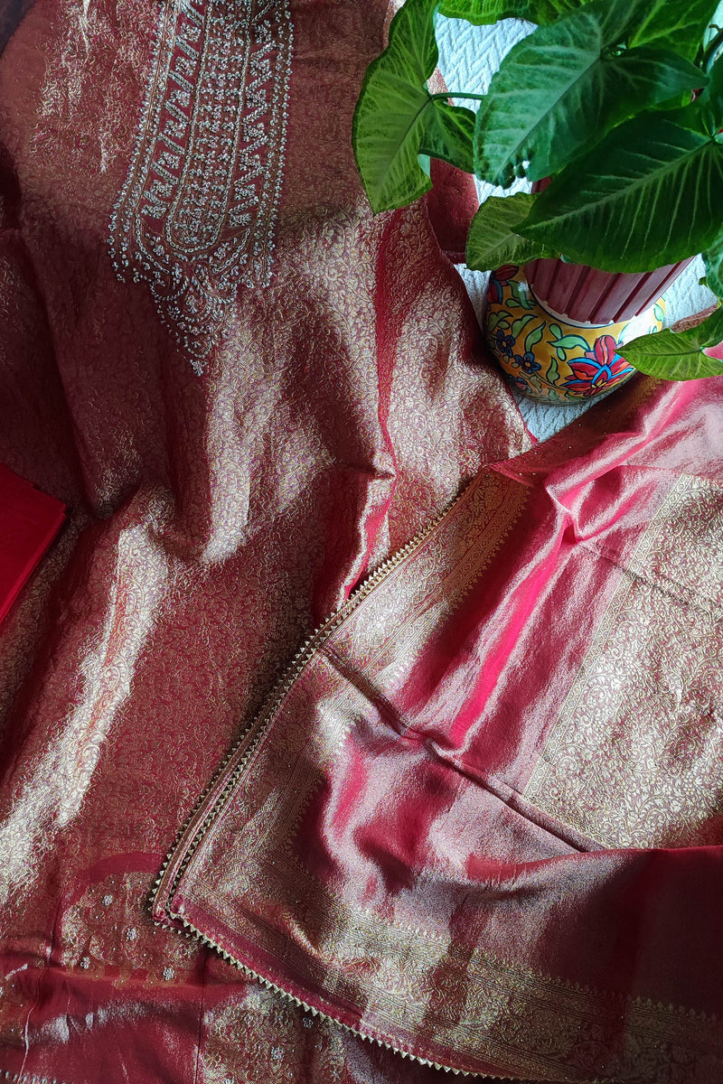 Wine Banarasi Brocade Party Wear Suit Material with Fine Dabka Work