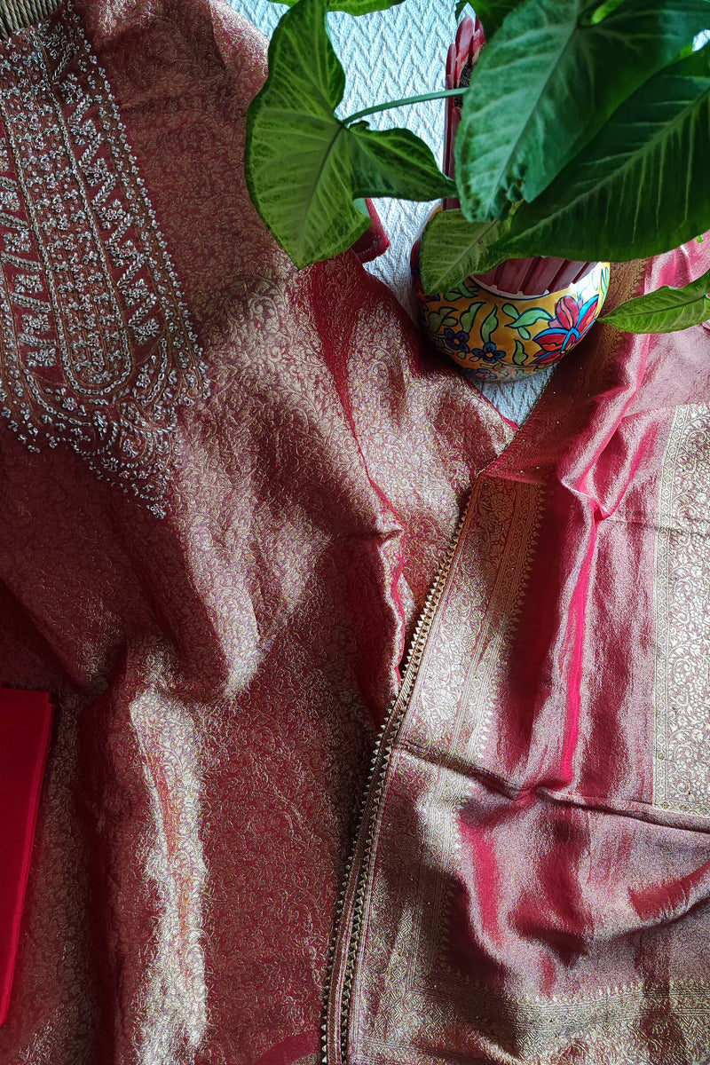 Wine Banarasi Brocade Party Wear Suit Material with Fine Dabka Work