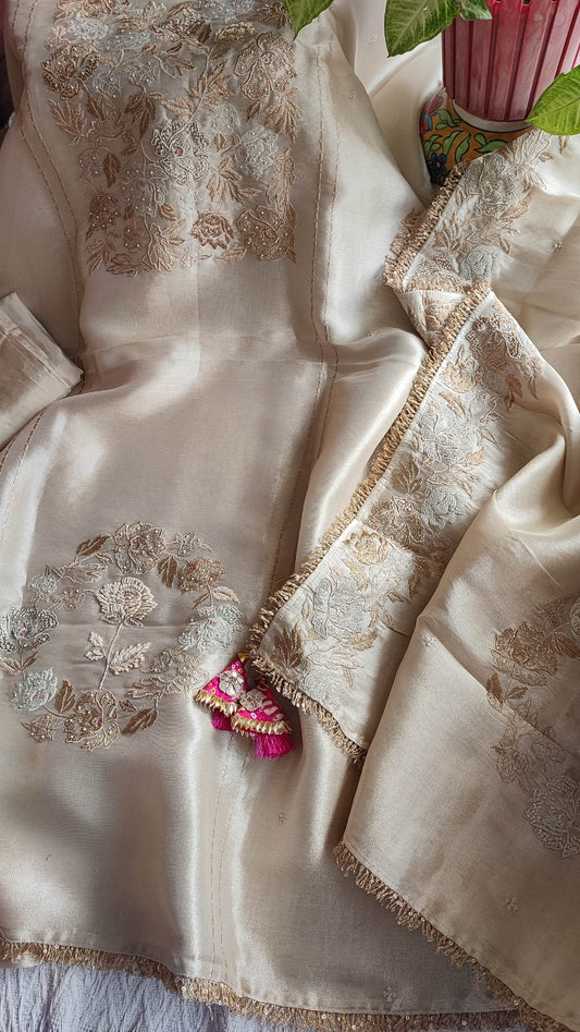 Soft Tissue Party Wear Suit Material with Intricate Embroidery