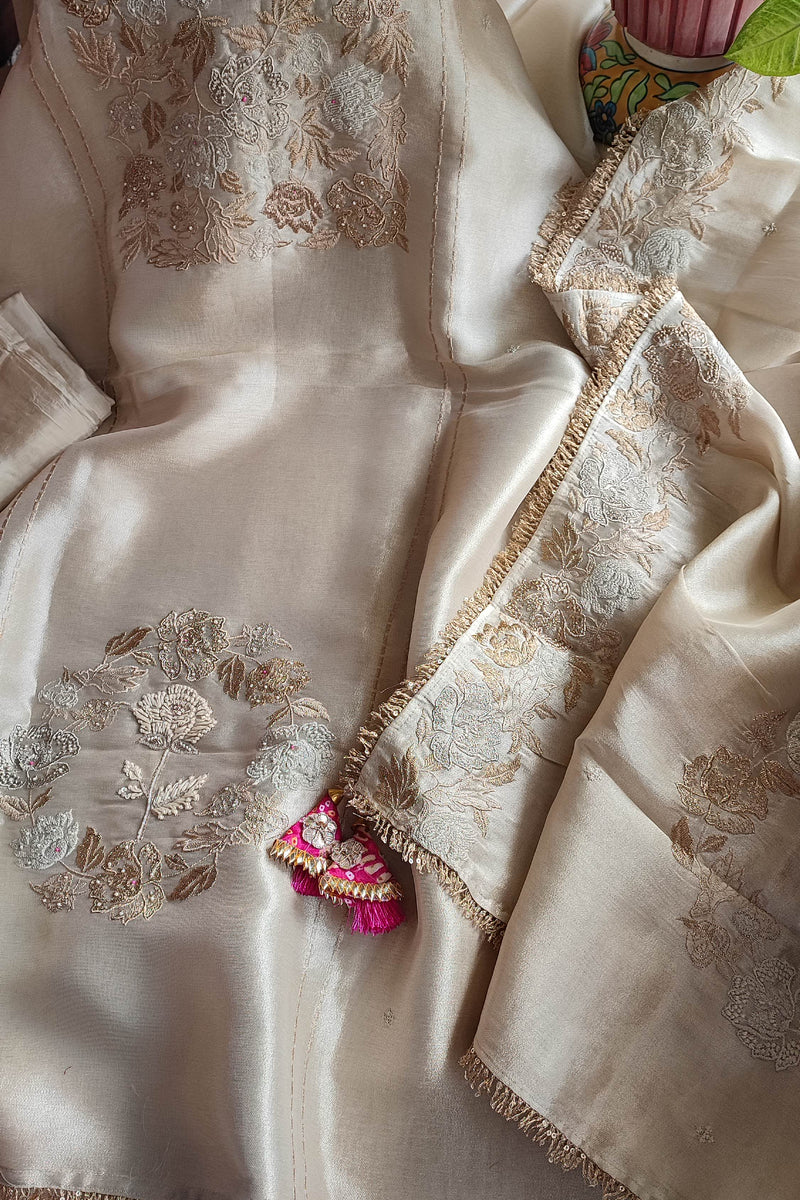 Soft Tissue Party Wear Suit Material with Intricate Embroidery