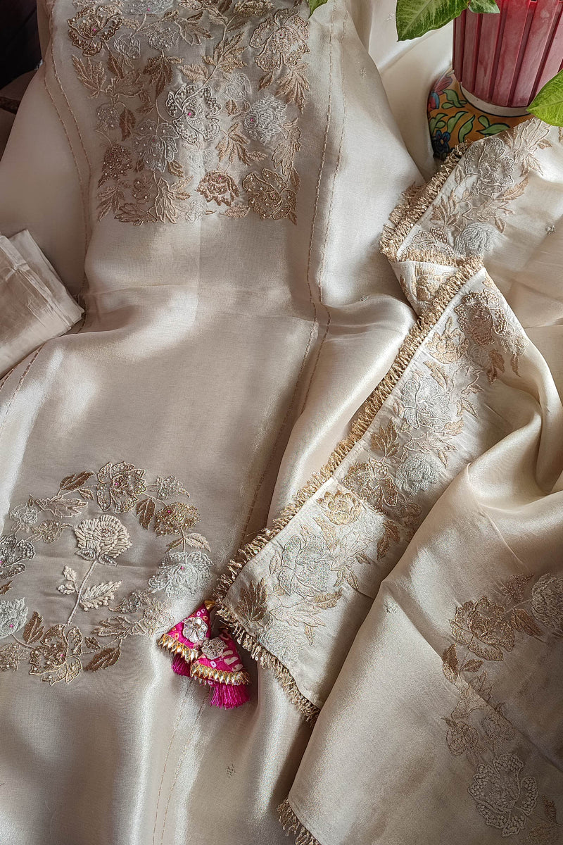 Soft Tissue Party Wear Suit Material with Intricate Embroidery
