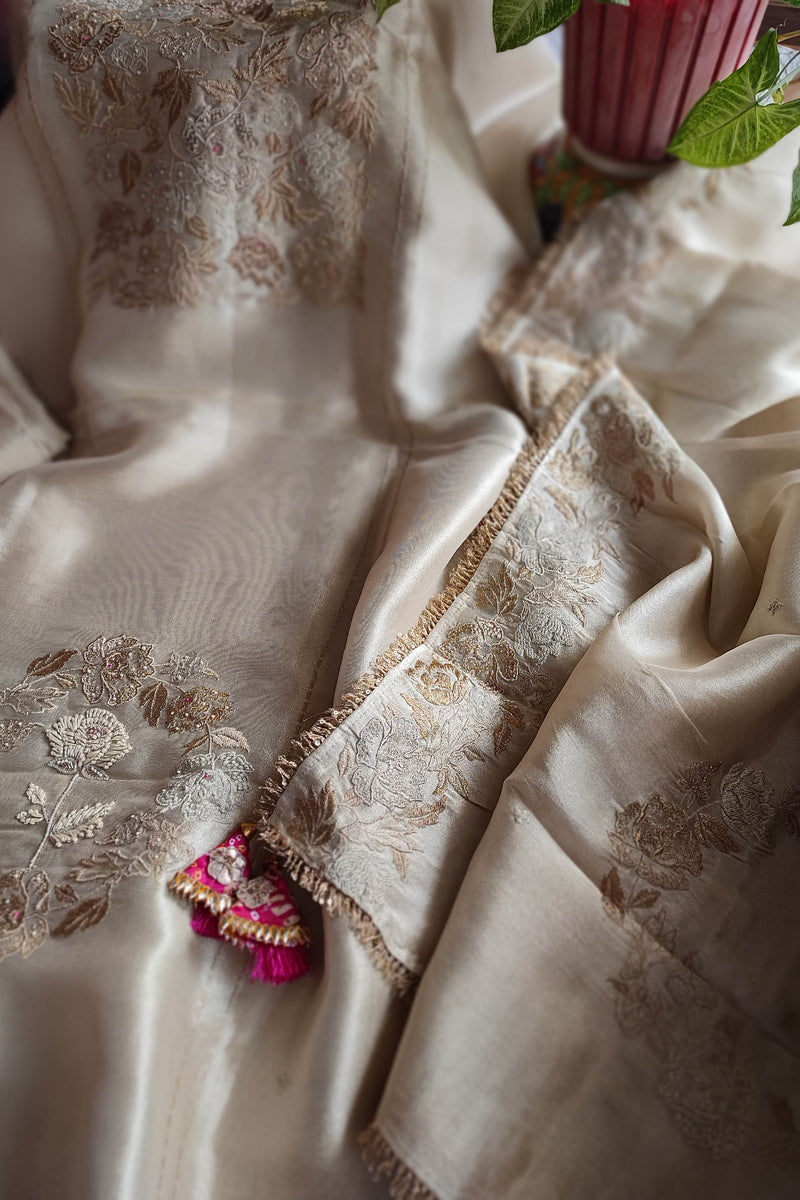 Soft Tissue Party Wear Suit Material with Intricate Embroidery