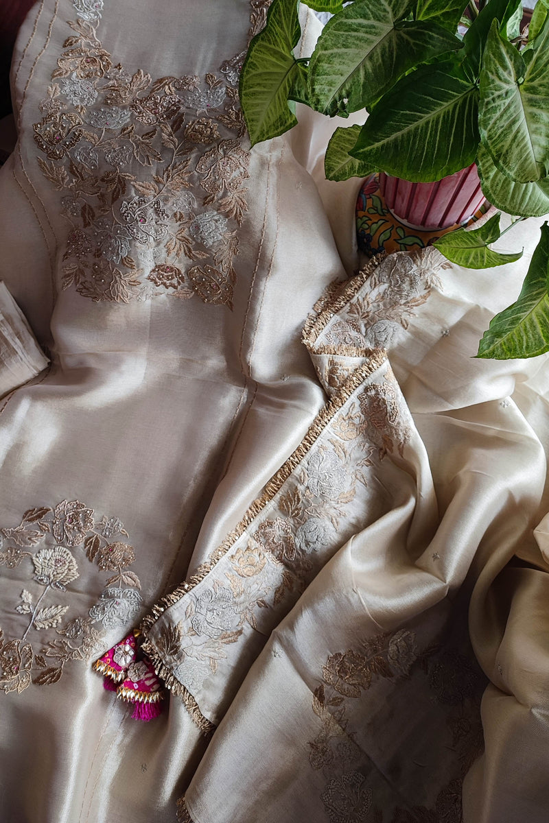 Soft Tissue Party Wear Suit Material with Intricate Embroidery