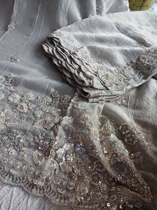 Crushed Organza Party Wear Suit Material with Cutdana Work