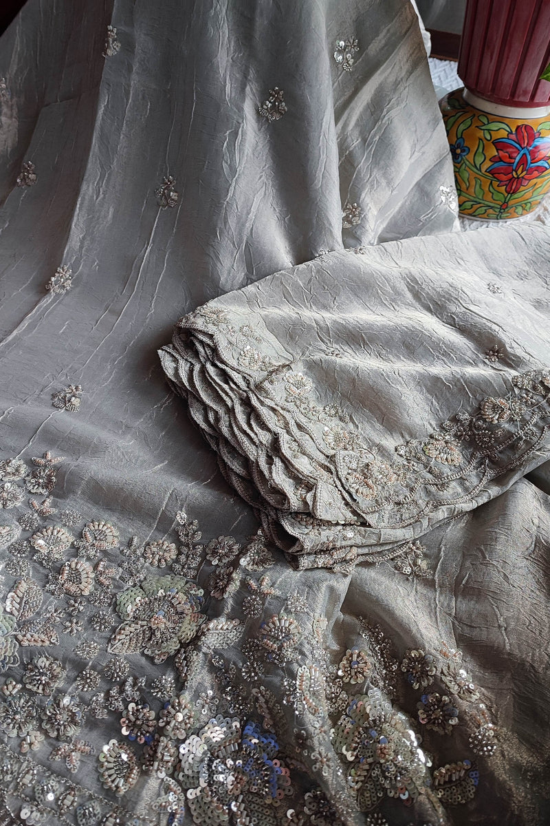 Crushed Organza Party Wear Suit Material with Cutdana Work