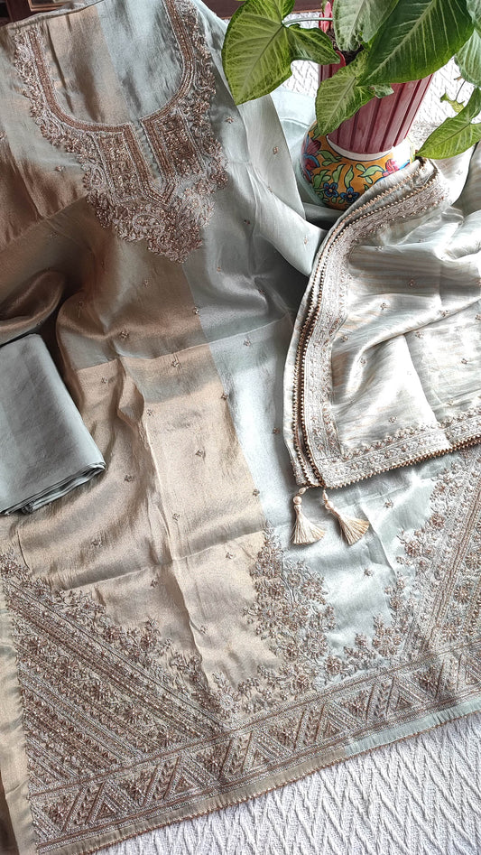 Soft Dual-Tone Tissue Suit Material with Intricate Embroidery