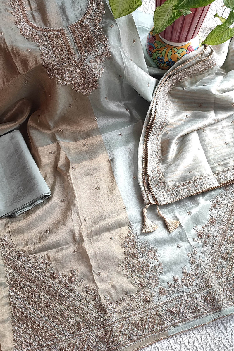 Soft Dual-Tone Tissue Suit Material with Intricate Embroidery