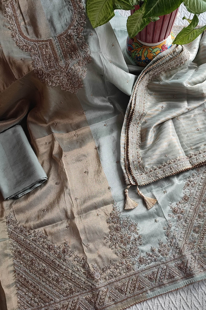 Soft Dual-Tone Tissue Suit Material with Intricate Embroidery