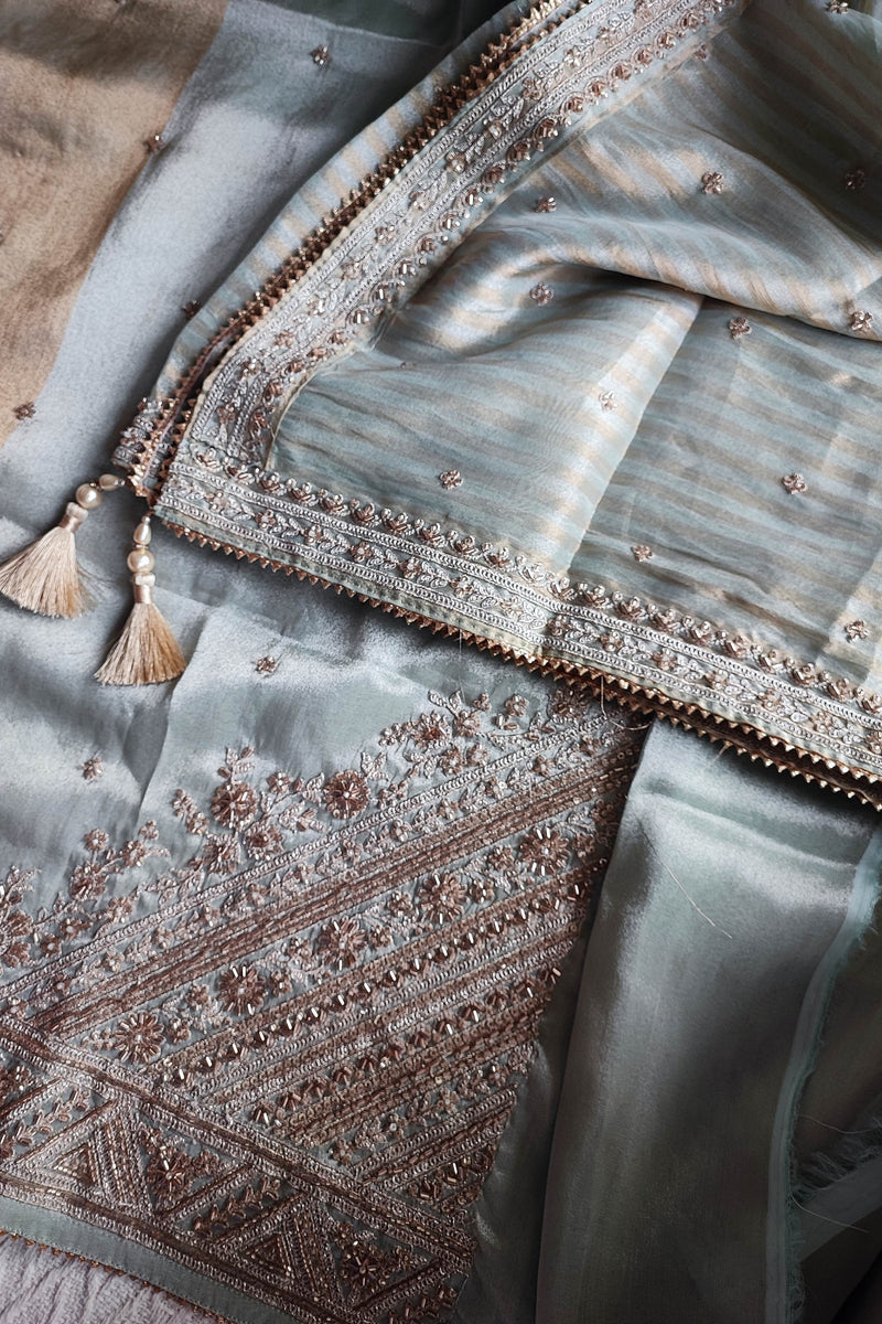 Soft Dual-Tone Tissue Suit Material with Intricate Embroidery