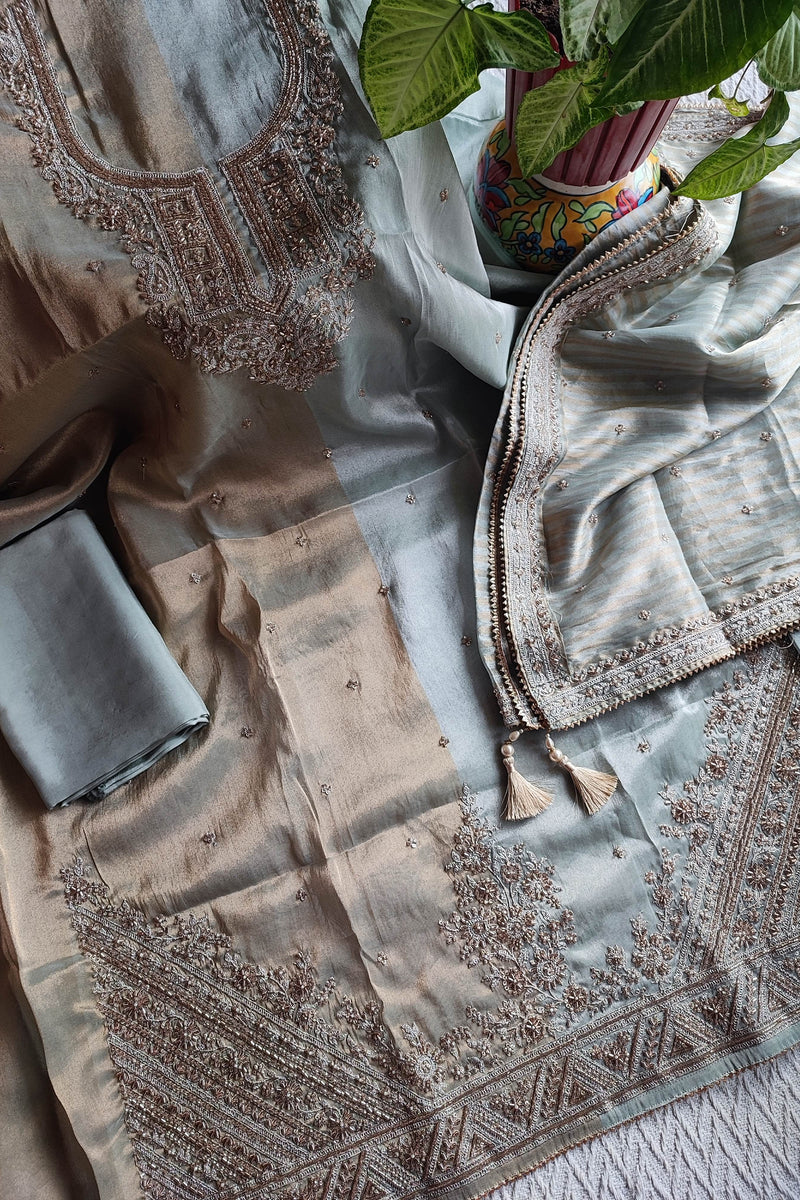 Soft Dual-Tone Tissue Suit Material with Intricate Embroidery