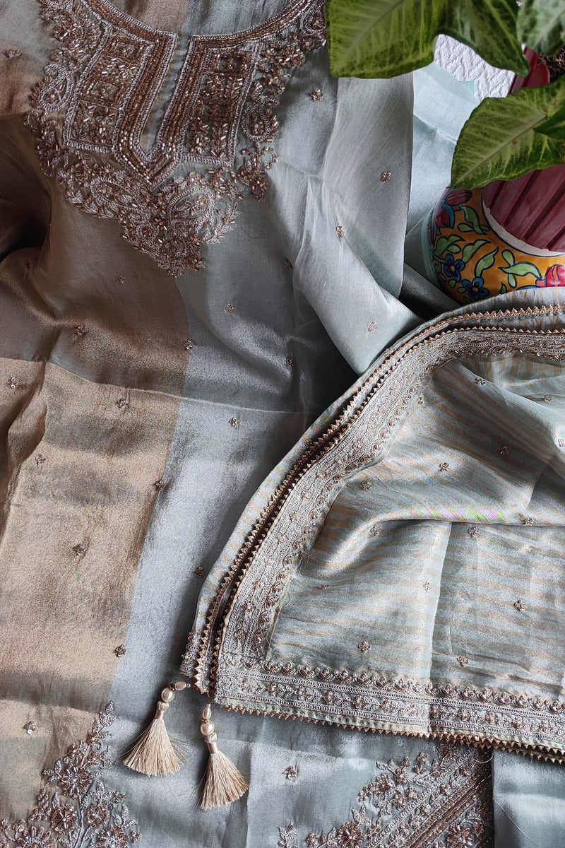 Soft Dual-Tone Tissue Suit Material with Intricate Embroidery