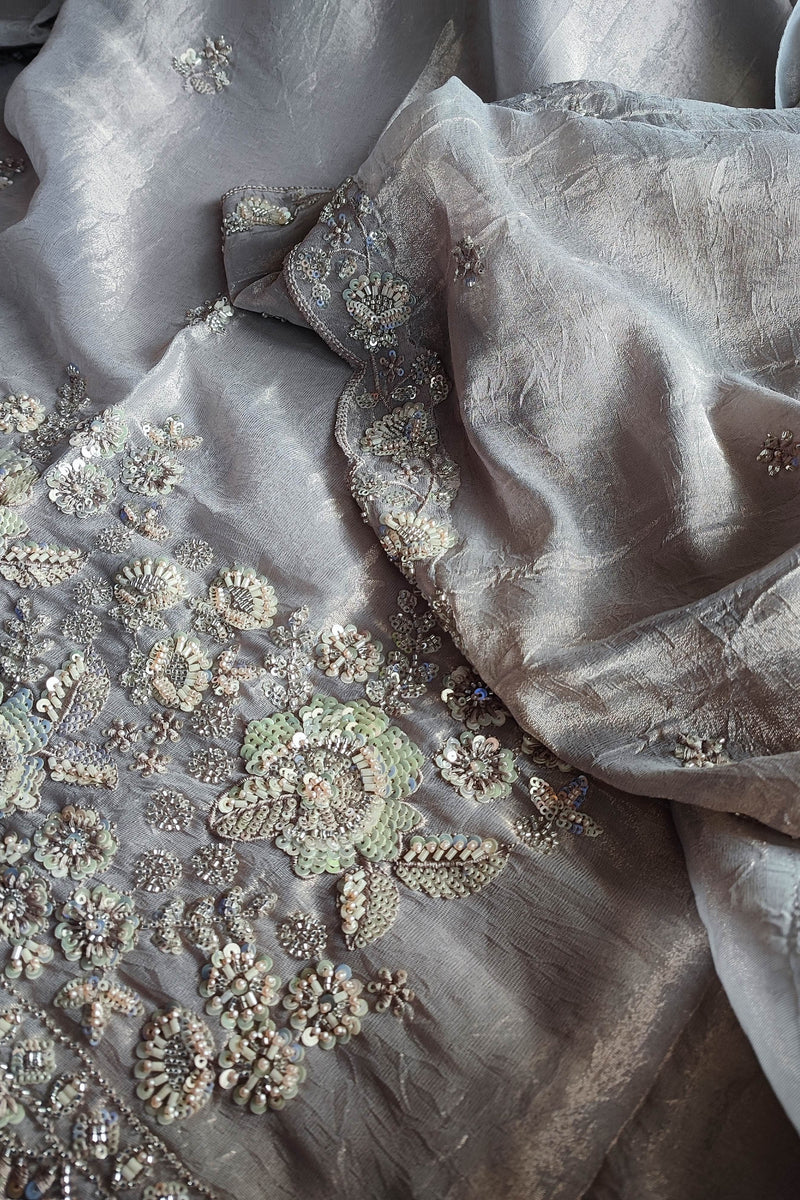 Crushed Organza Suit Material with Cutdana Work & Embroidered Border