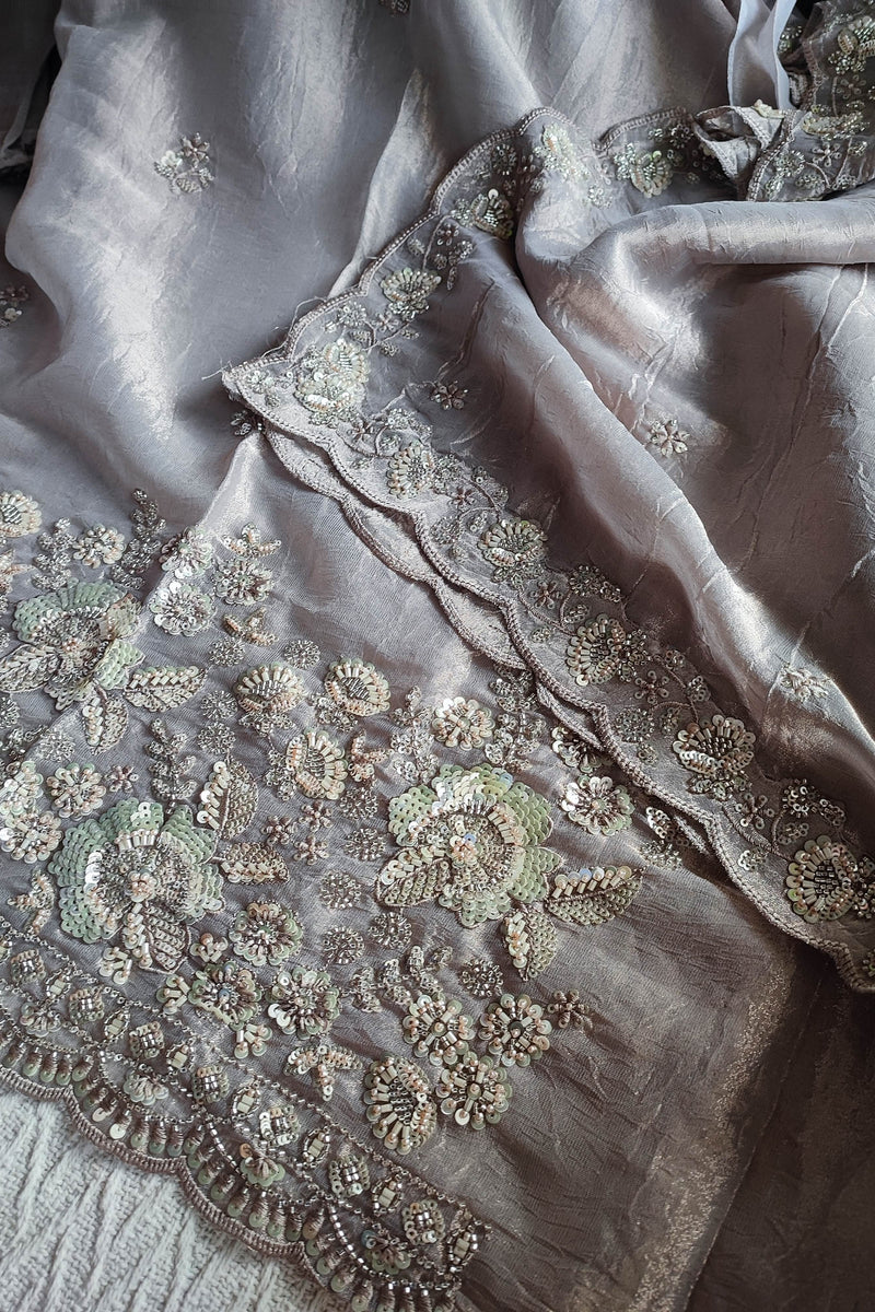 Crushed Organza Suit Material with Cutdana Work & Embroidered Border