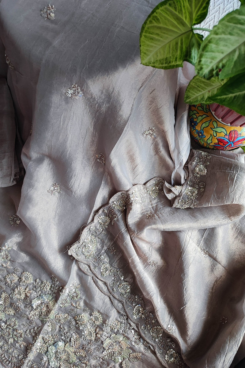 Crushed Organza Suit Material with Cutdana Work & Embroidered Border