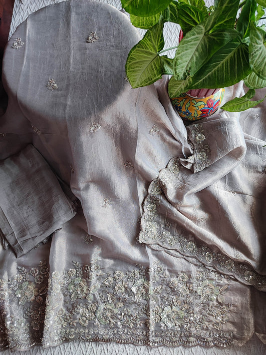 Crushed Organza Suit Material with Cutdana Work & Embroidered Border