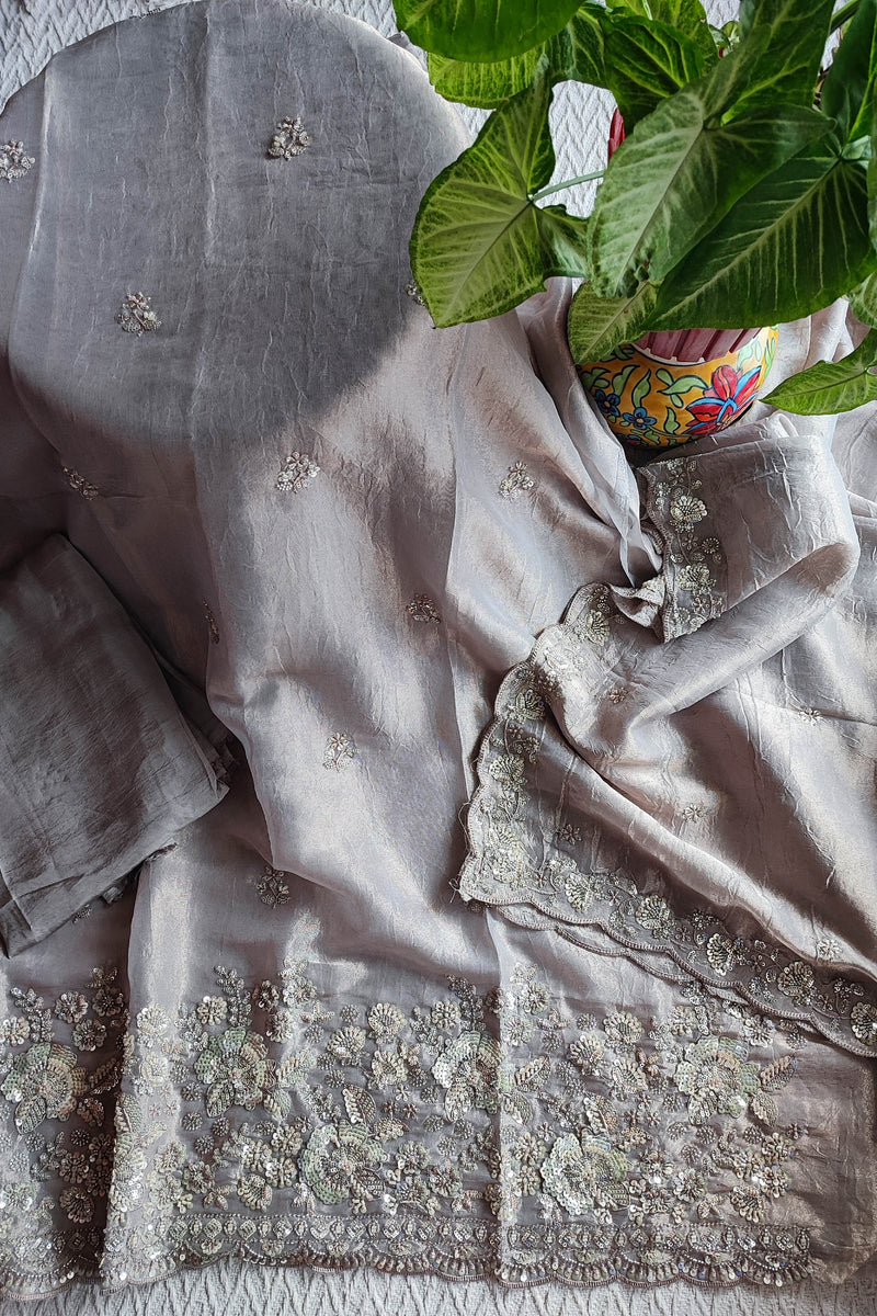 Crushed Organza Suit Material with Cutdana Work & Embroidered Border