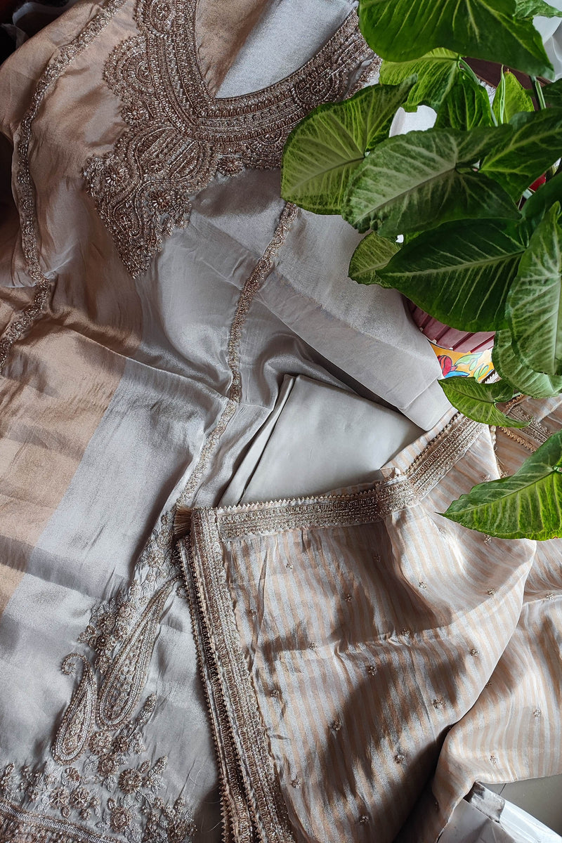 Dual-Tone Soft Tissue Suit Material with Heavy Handwork
