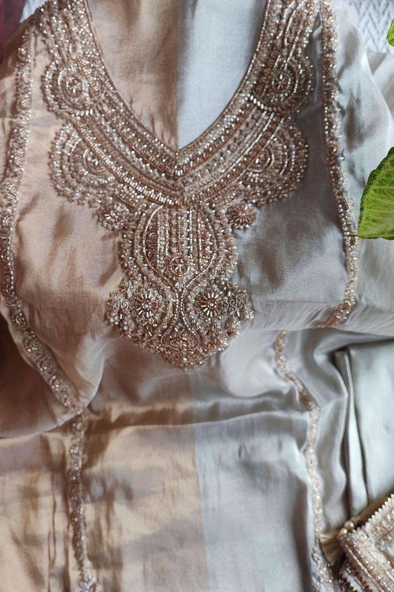 Dual-Tone Soft Tissue Suit Material with Heavy Handwork