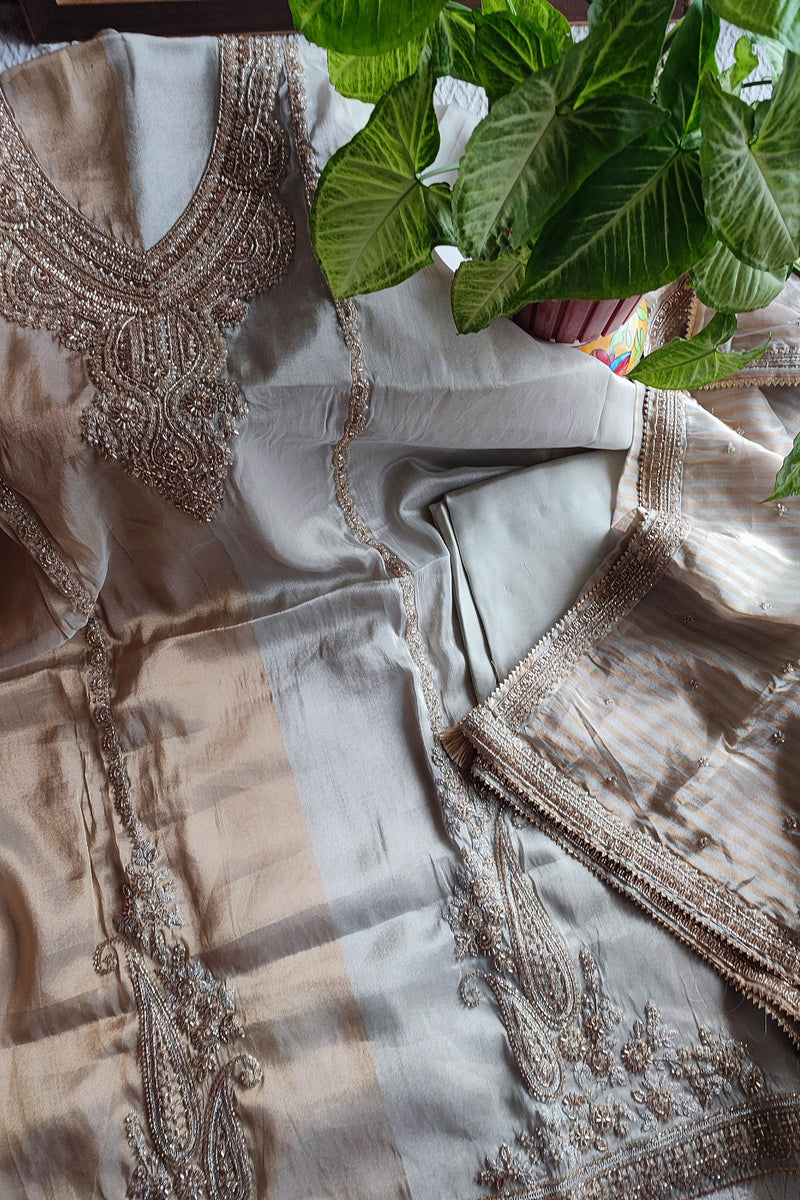 Dual-Tone Soft Tissue Suit Material with Heavy Handwork