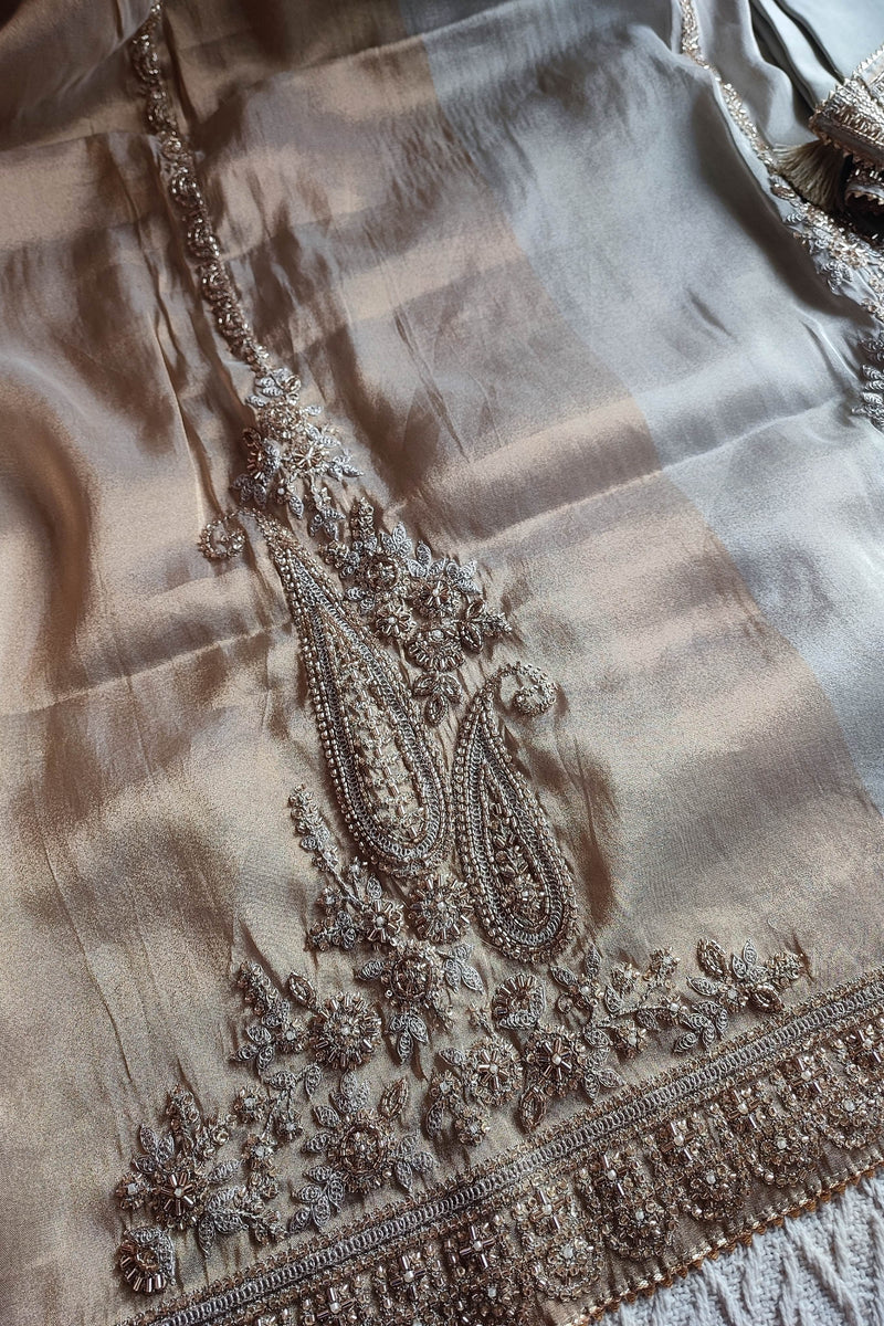 Dual-Tone Soft Tissue Suit Material with Heavy Handwork