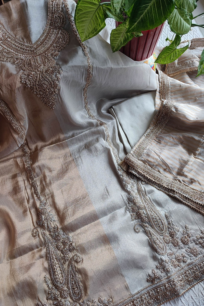 Dual-Tone Soft Tissue Suit Material with Heavy Handwork