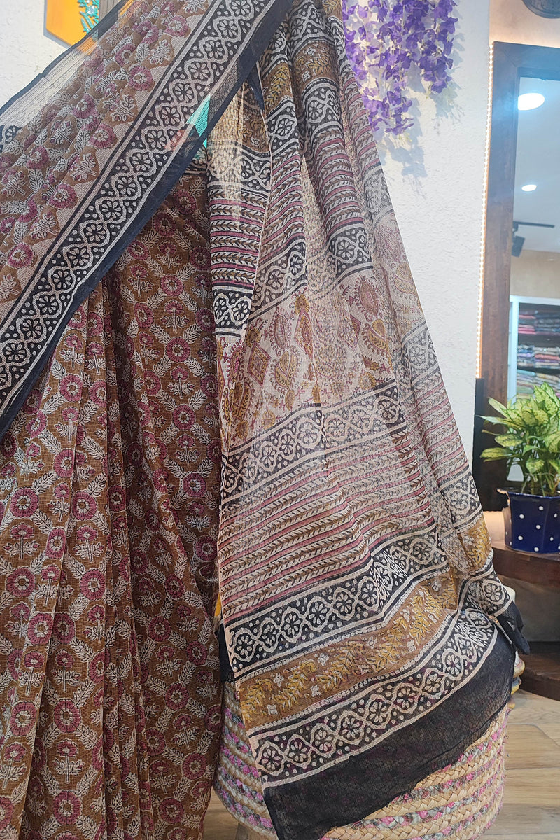 Maroon Kota Saree with Floral Print, Black Border & Printed Pallu