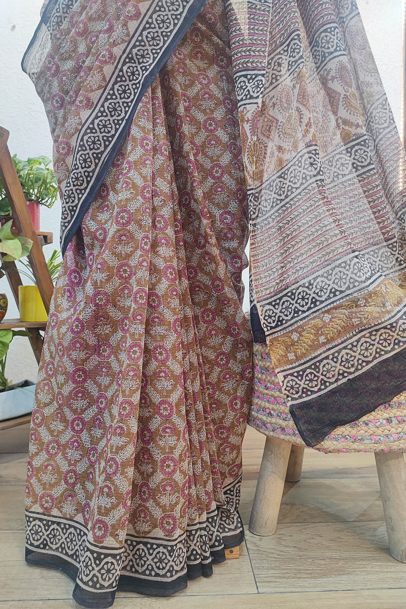Maroon Kota Saree with Floral Print, Black Border & Printed Pallu