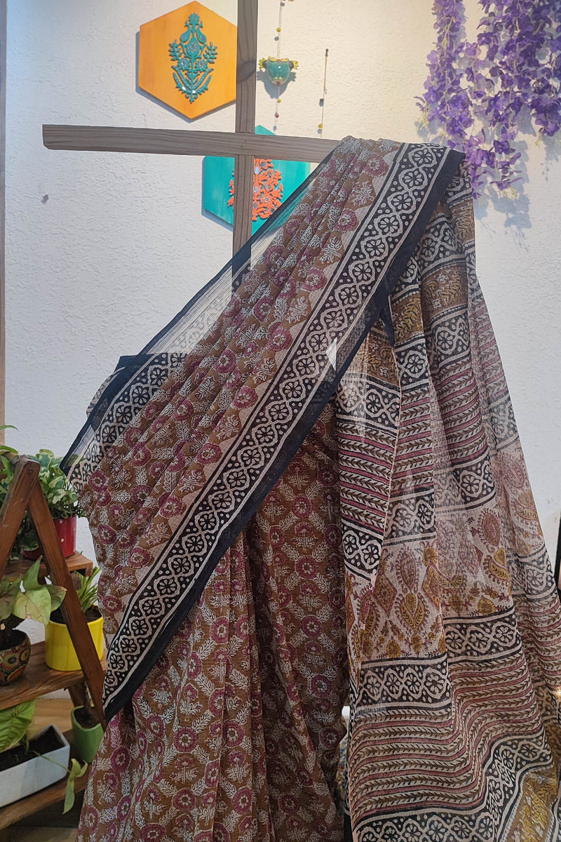 Maroon Kota Saree with Floral Print, Black Border & Printed Pallu