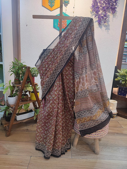 Maroon Kota Saree with Floral Print, Black Border & Printed Pallu