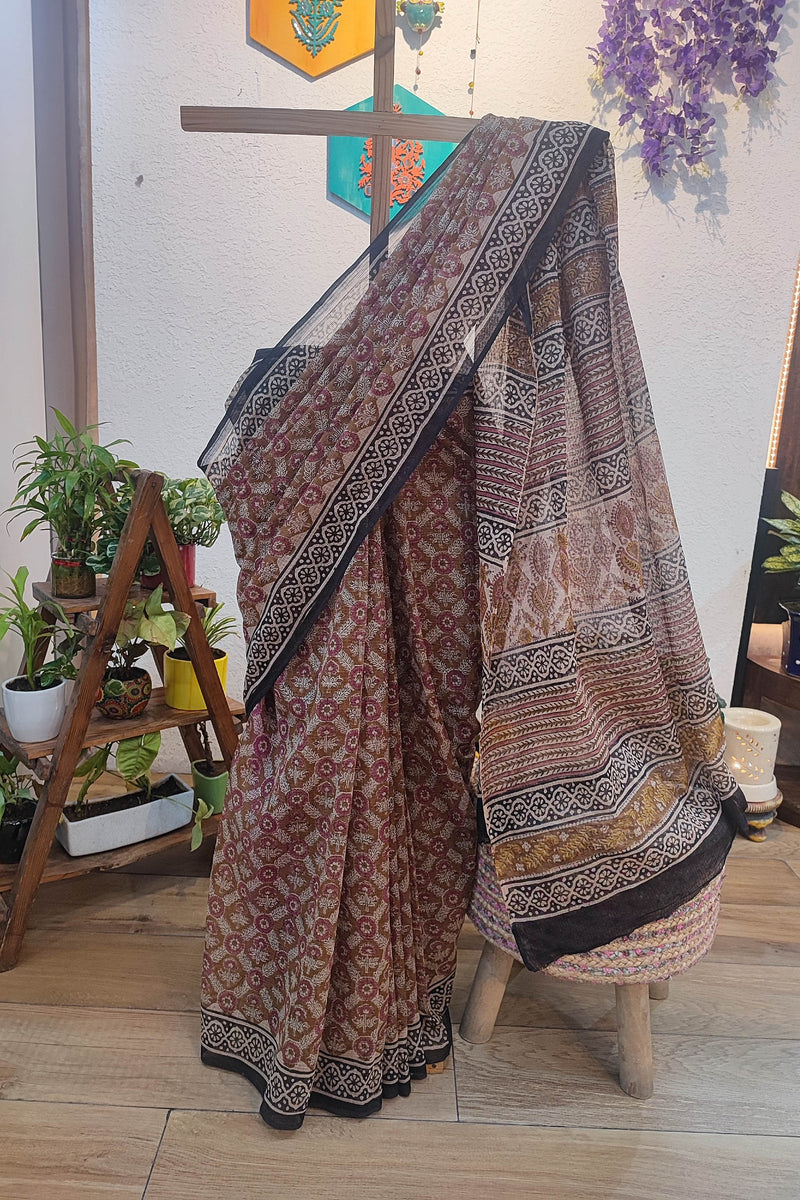 Maroon Kota Saree with Floral Print, Black Border & Printed Pallu