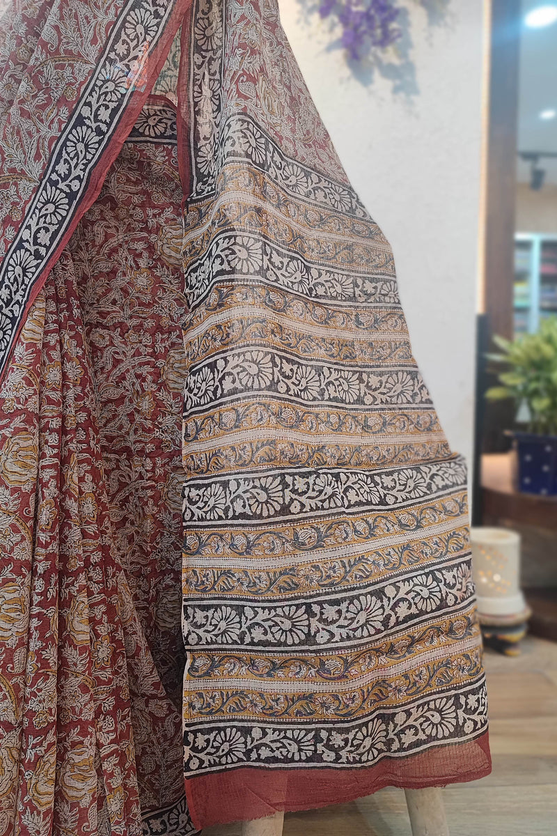 Maroon Kota Saree with Floral Print, Black Border & Printed Pallu