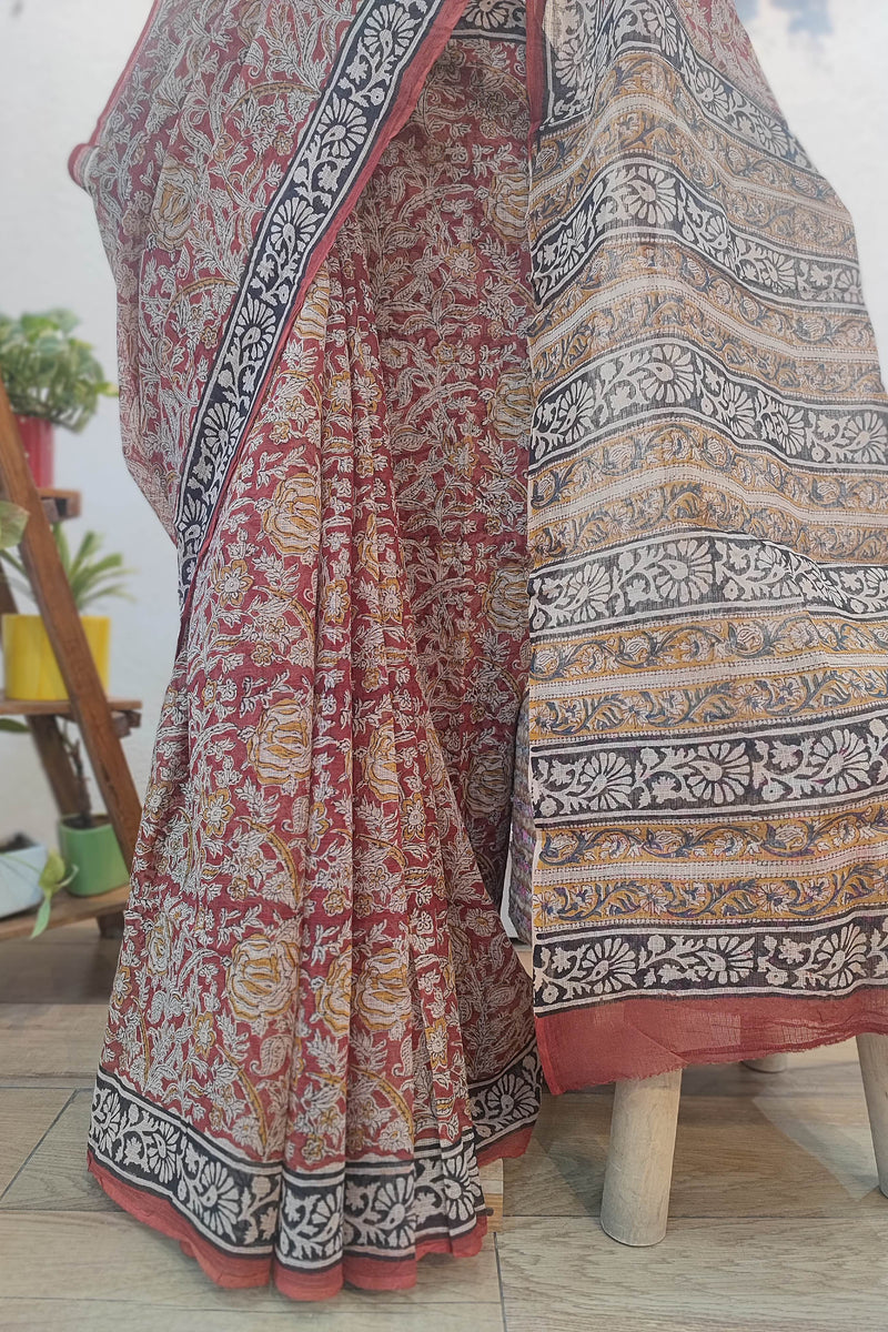 Maroon Kota Saree with Floral Print, Black Border & Printed Pallu