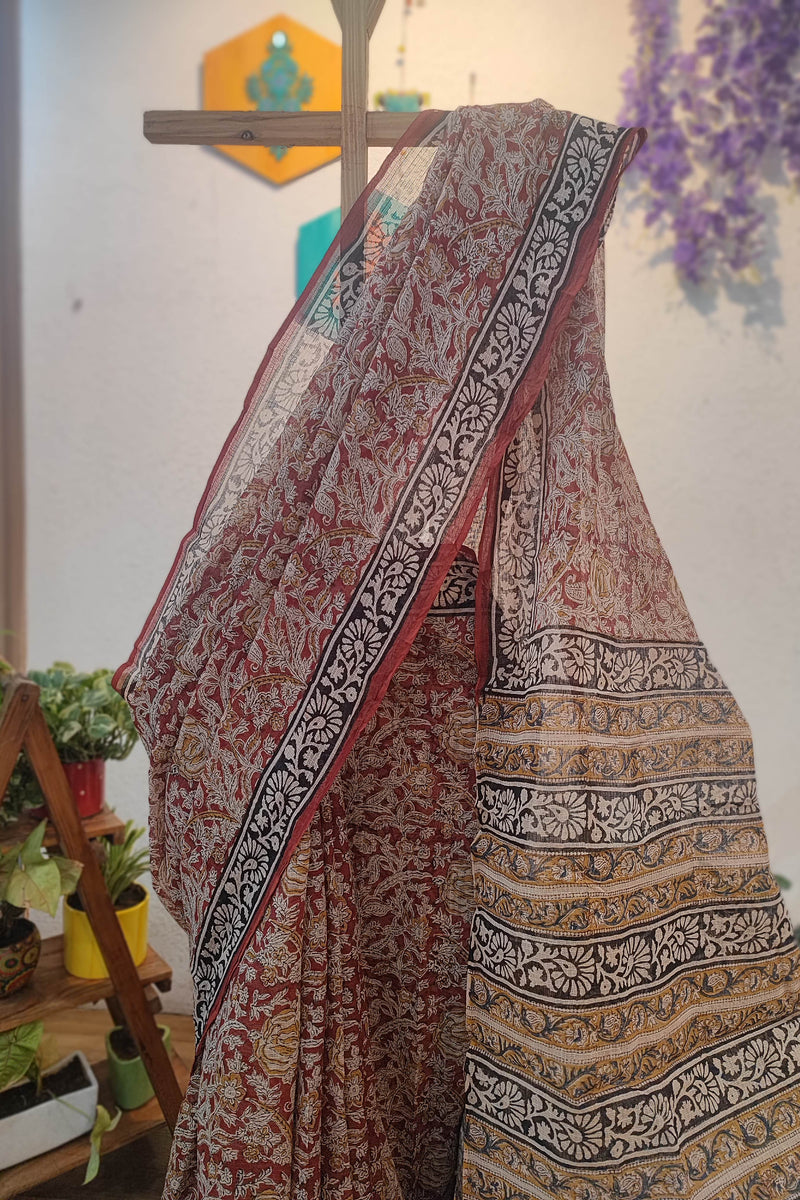Maroon Kota Saree with Floral Print, Black Border & Printed Pallu