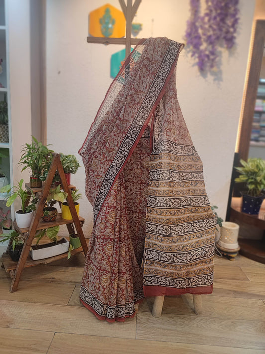 Maroon Kota Saree with Floral Print, Black Border & Printed Pallu
