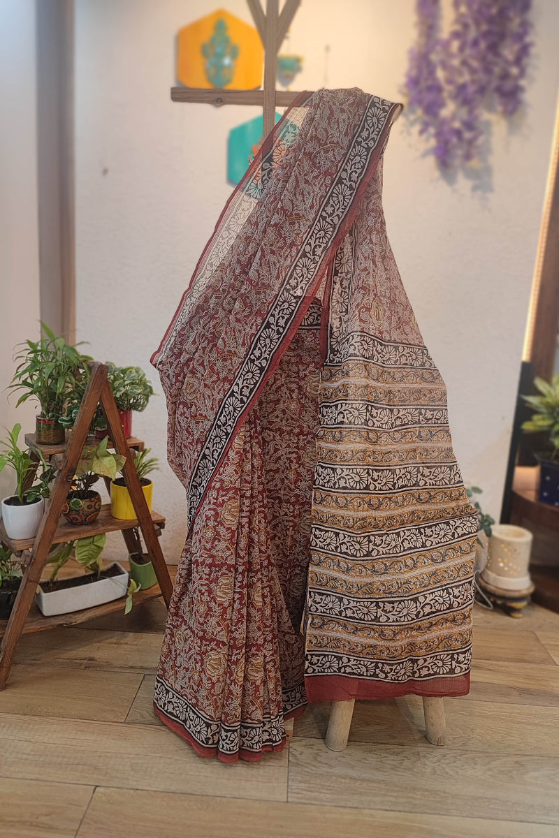 Maroon Kota Saree with Floral Print, Black Border & Printed Pallu