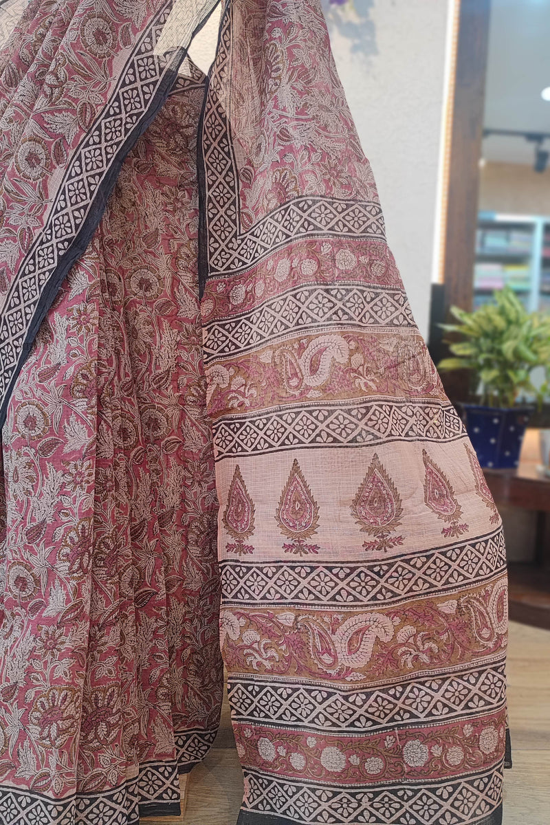 Maroon Kota Saree with Floral Print, Black Border & Paisley Printed Pallu