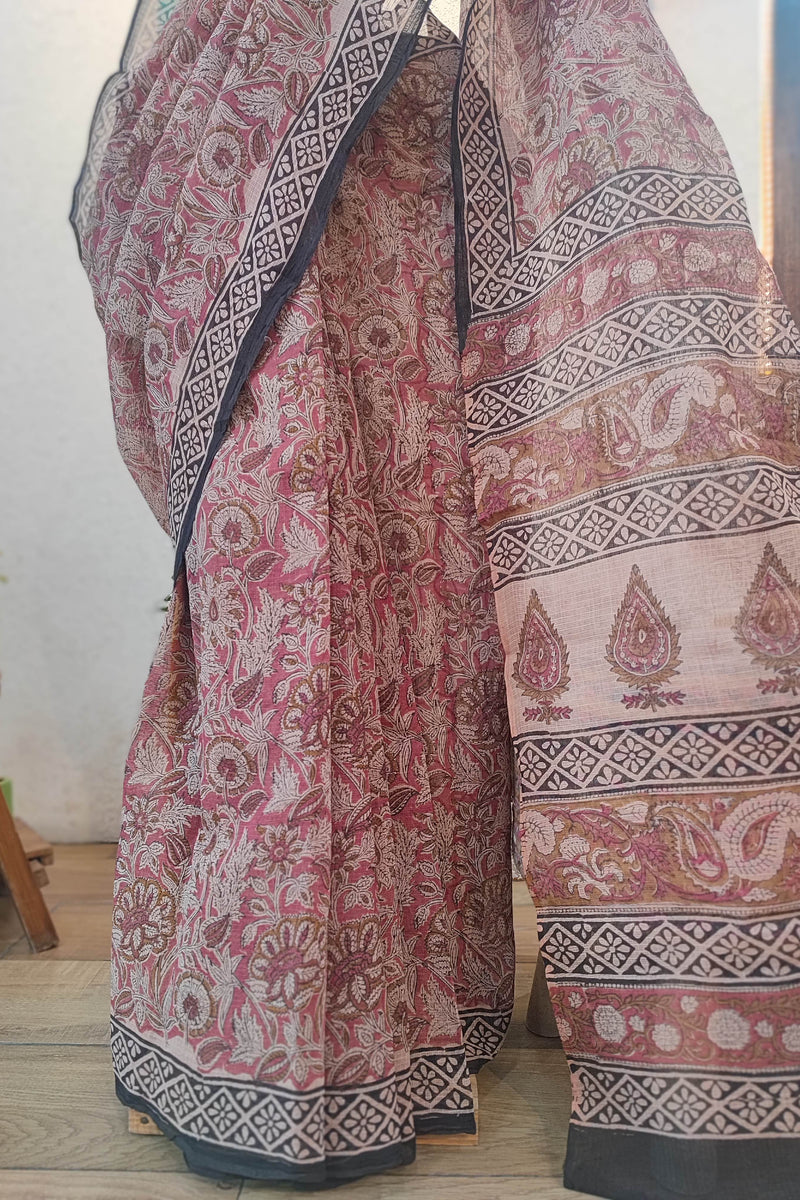 Maroon Kota Saree with Floral Print, Black Border & Paisley Printed Pallu