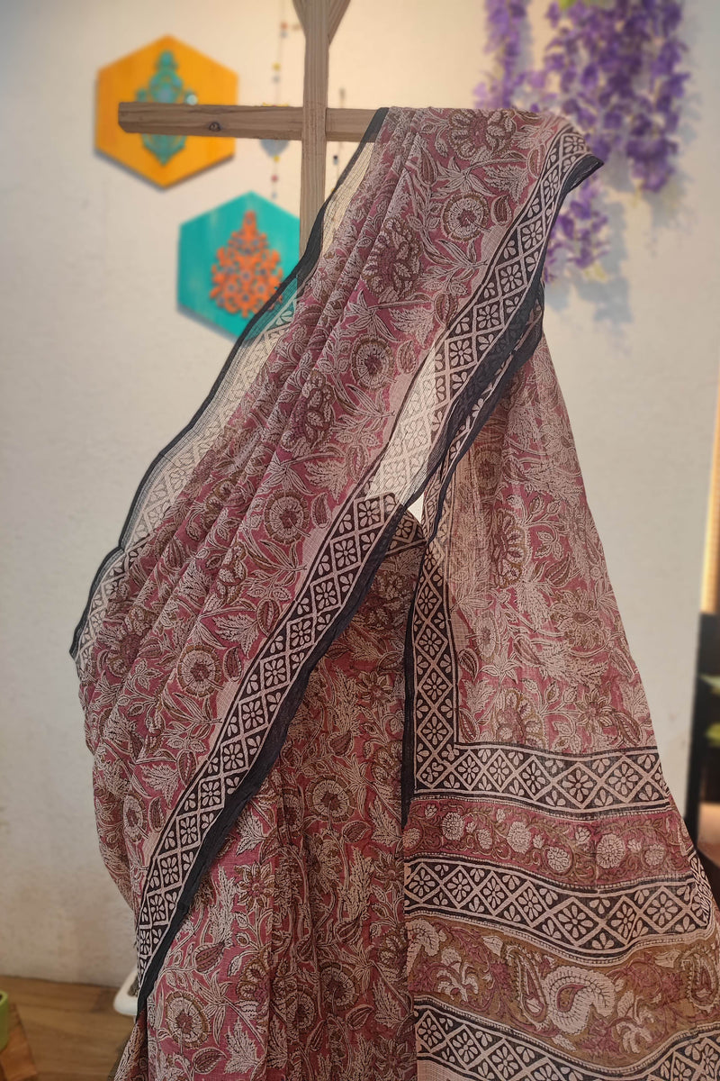 Maroon Kota Saree with Floral Print, Black Border & Paisley Printed Pallu