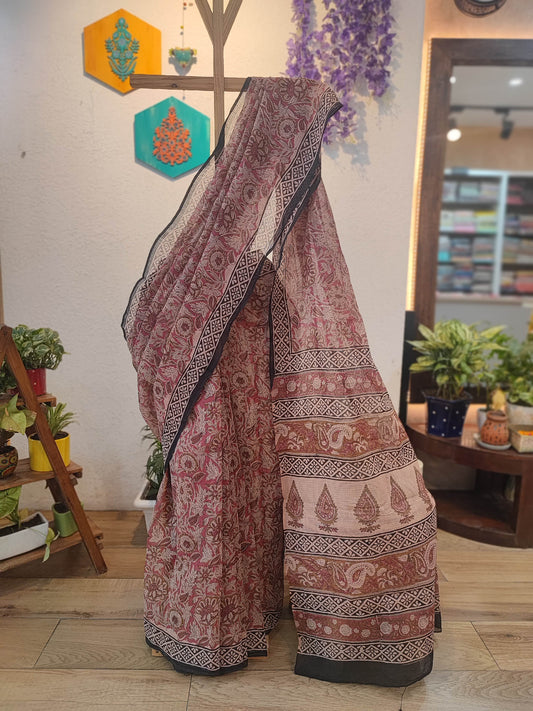Maroon Kota Saree with Floral Print, Black Border & Paisley Printed Pallu