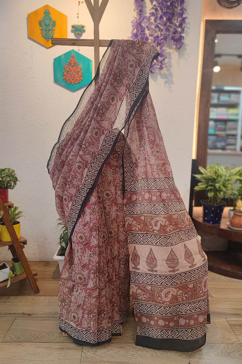 Maroon Kota Saree with Floral Print, Black Border & Paisley Printed Pallu