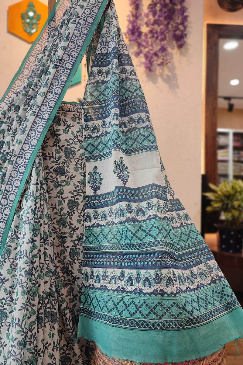White Cotton Saree with Blue Floral Print & Teal Printed Pallu
