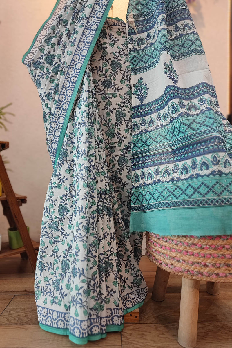 White Cotton Saree with Blue Floral Print & Teal Printed Pallu