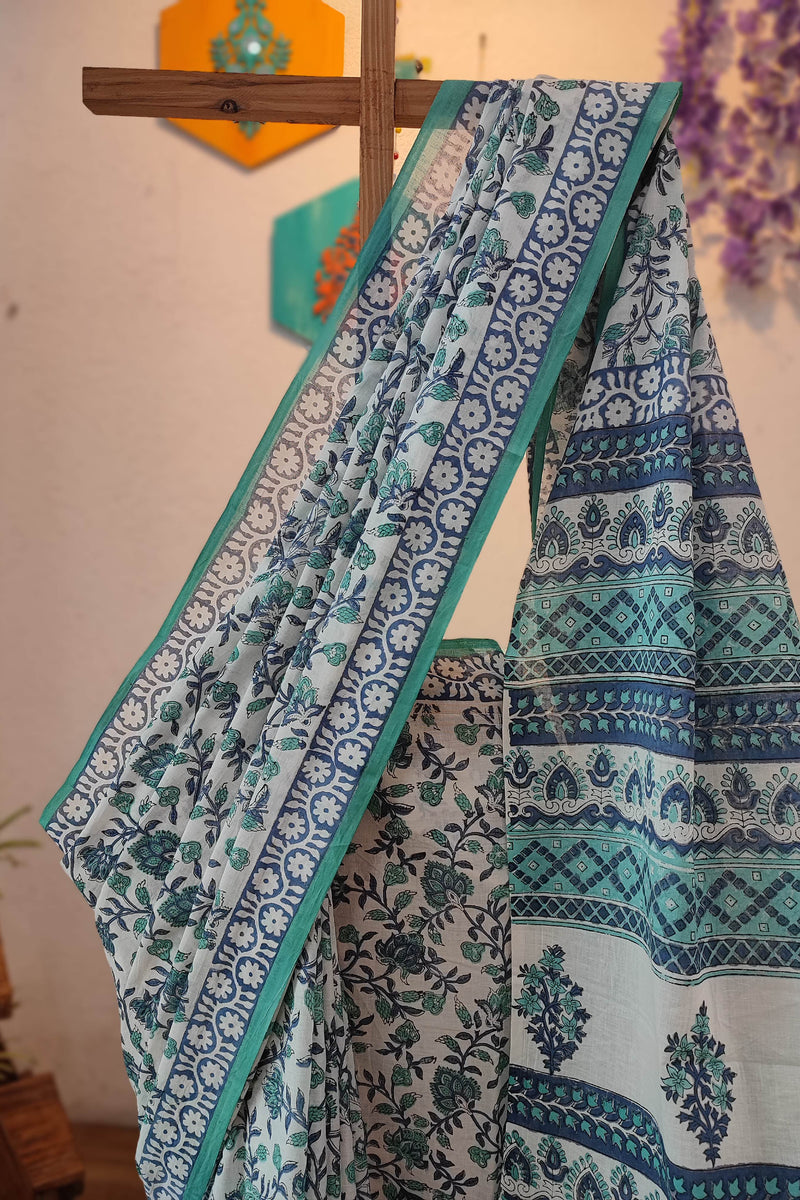 White Cotton Saree with Blue Floral Print & Teal Printed Pallu