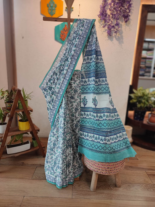 White Cotton Saree with Blue Floral Print & Teal Printed Pallu