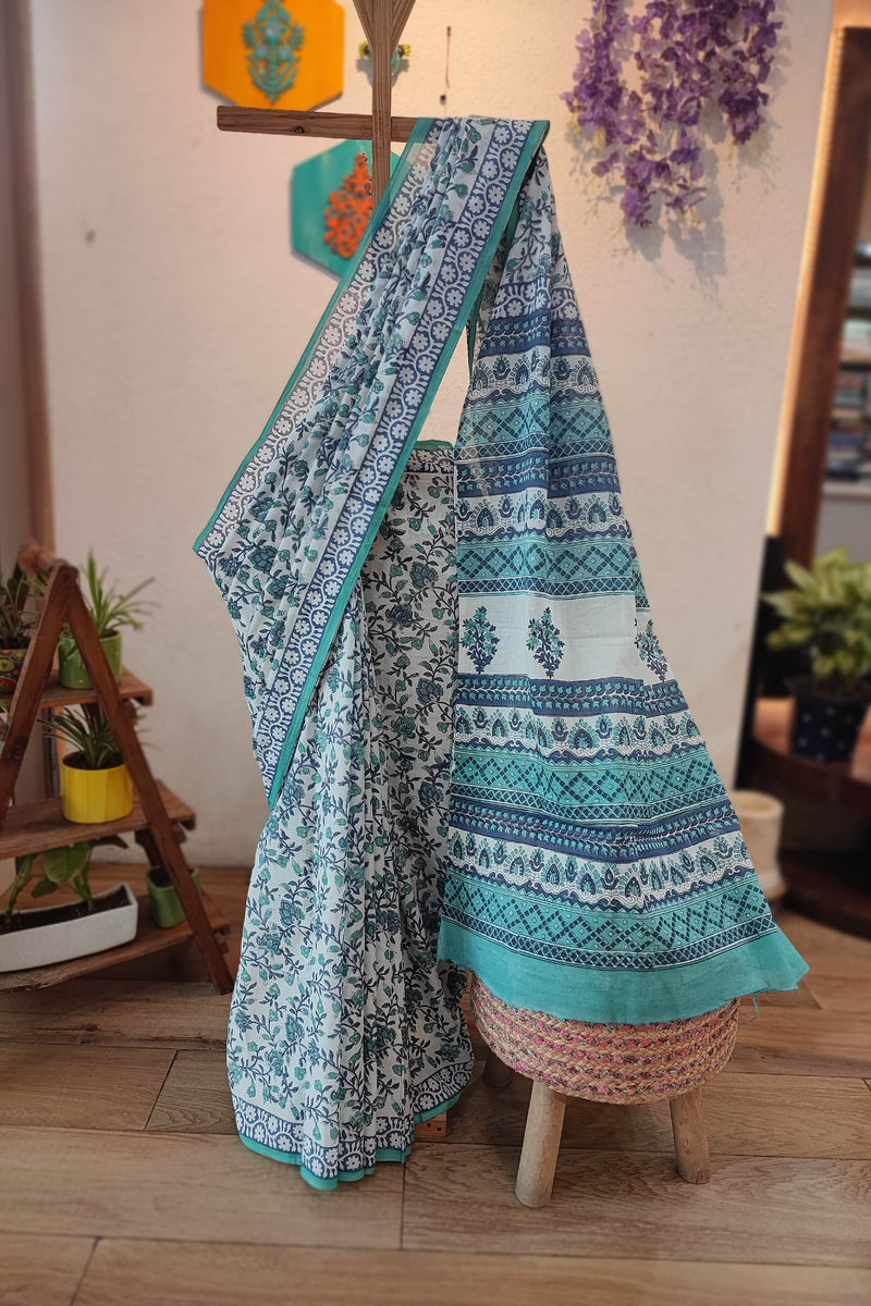 White Cotton Saree with Blue Floral Print & Teal Printed Pallu