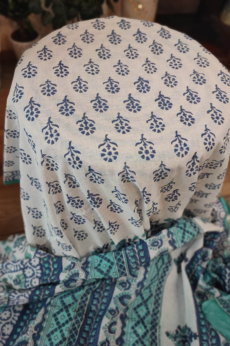 White Cotton Saree with Blue Floral Print & Teal Printed Pallu