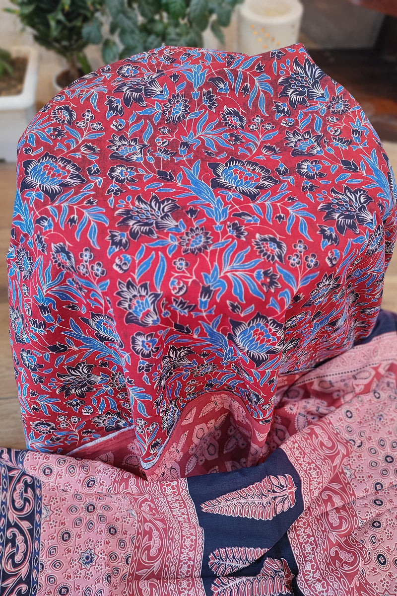 Pink Cotton Saree with Paisley Print, Navy Border & Printed Pallu