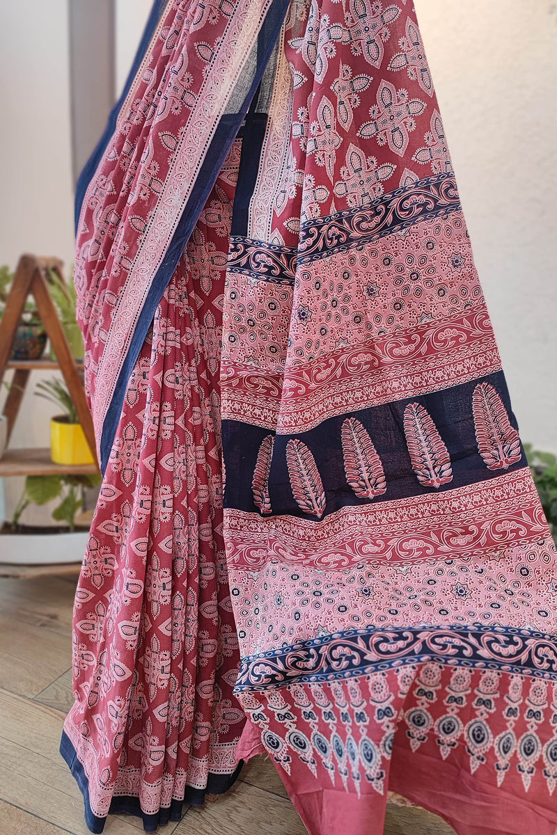 Pink Cotton Saree with Paisley Print, Navy Border & Printed Pallu