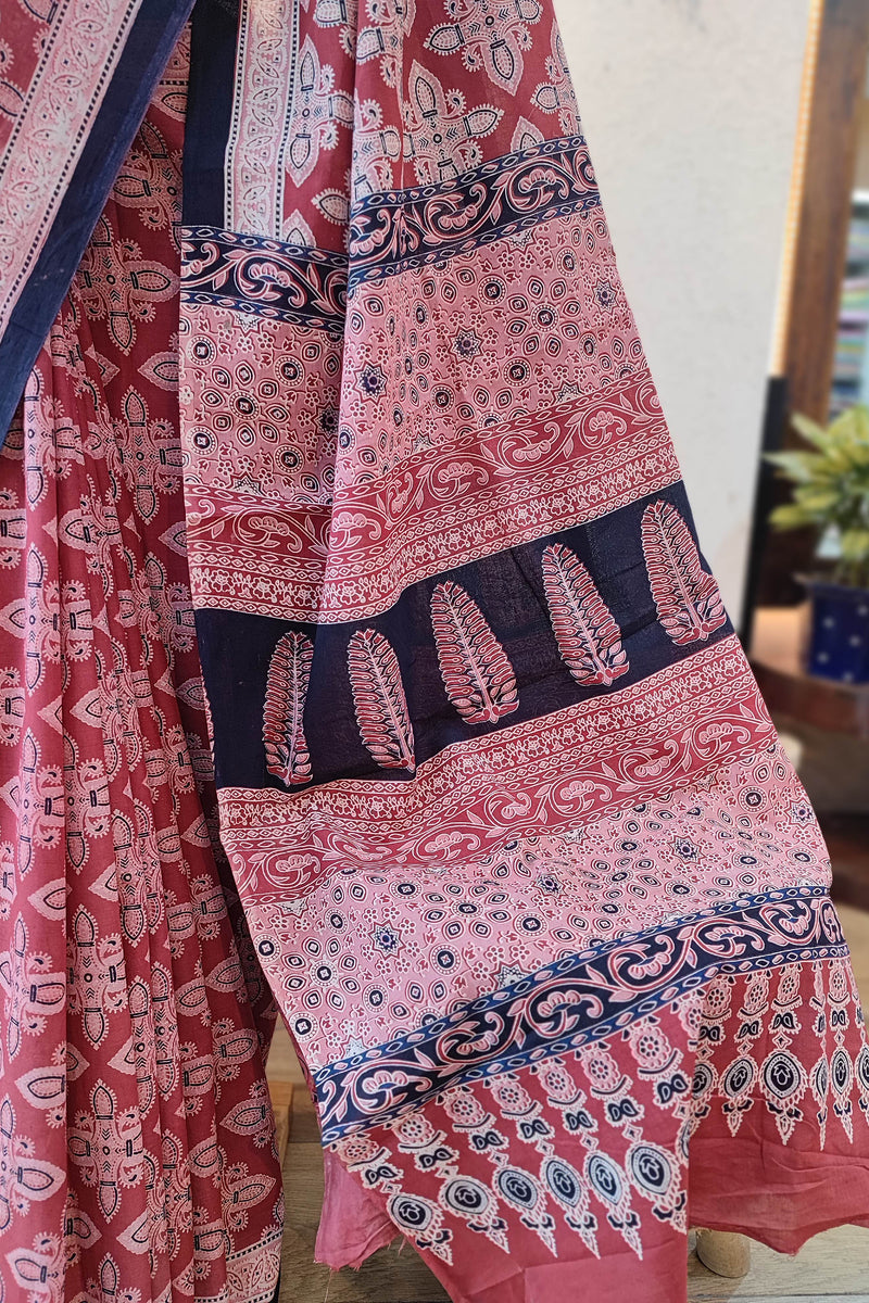 Pink Cotton Saree with Paisley Print, Navy Border & Printed Pallu
